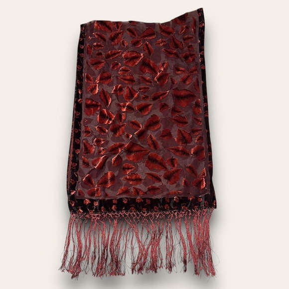 Accessories - Vintage Sheer Velvet Leaf Patterned Scarf Autumn Pashmina-inspired Silk Blend